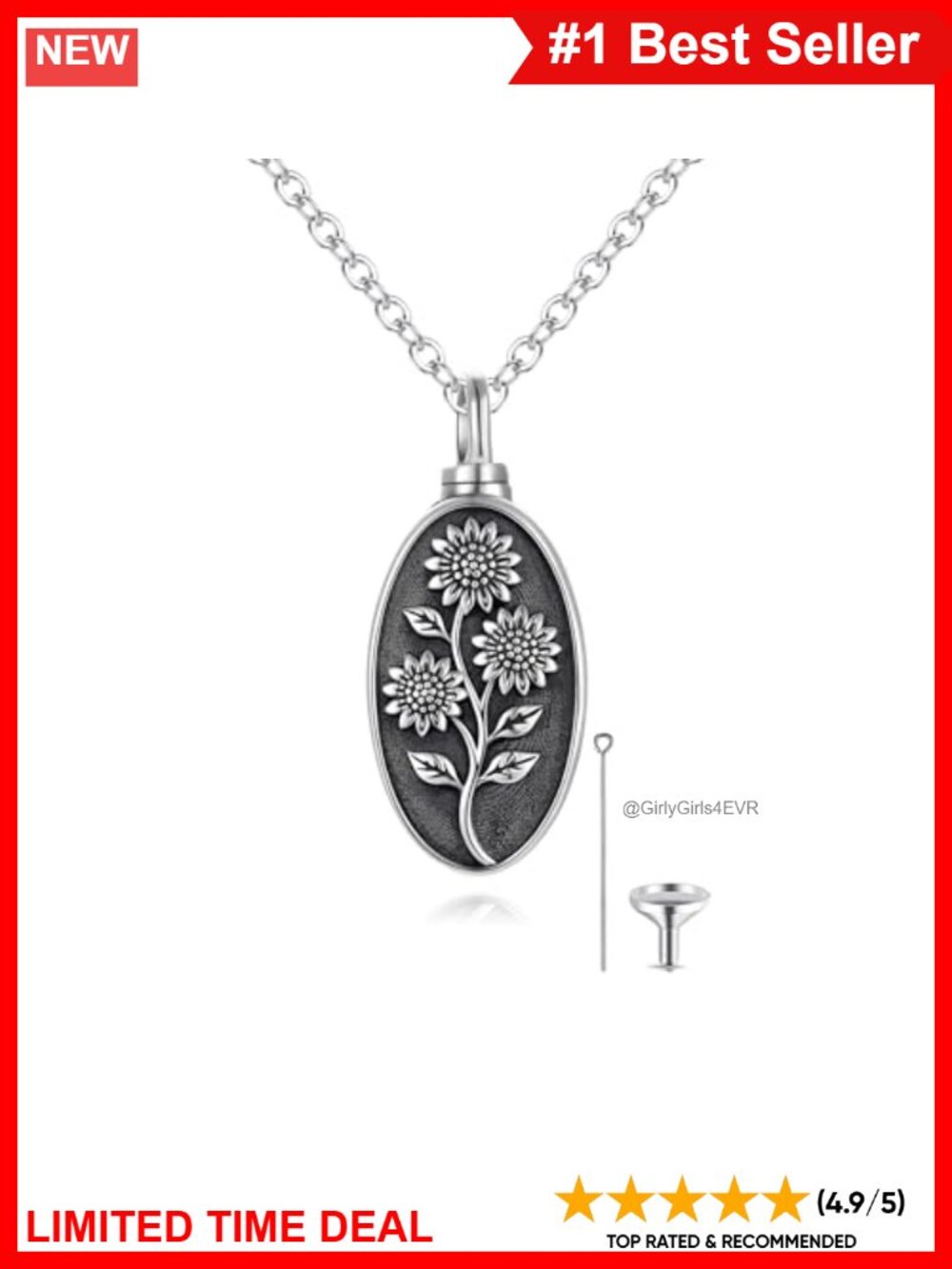 Sterling Silver Sunflower Teardrop Urn Necklace Memorial Ash Pendant